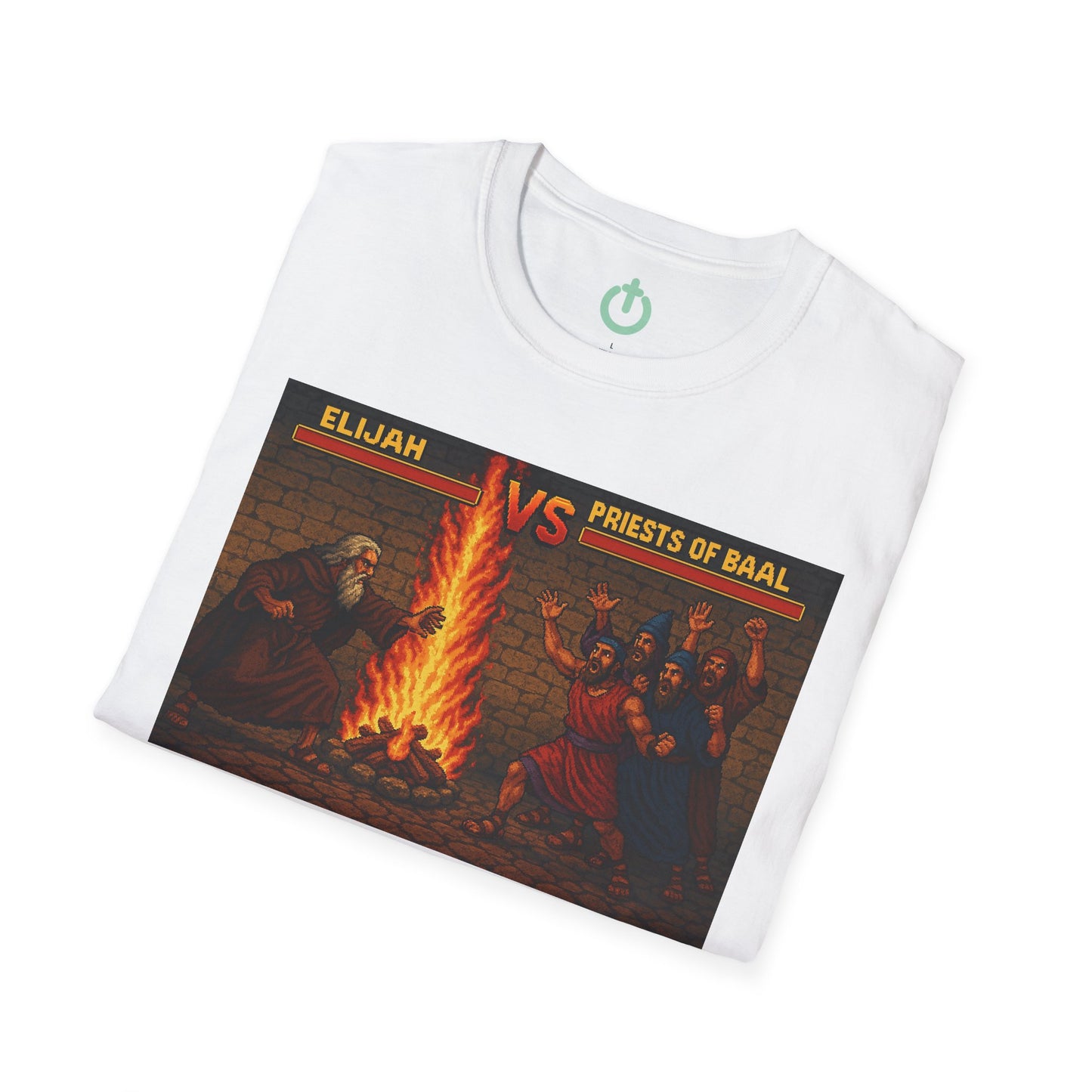 Elijah vs. Baal Fighters Retro Showdown Tee – 8-Bit Christian Graphic T-Shirt