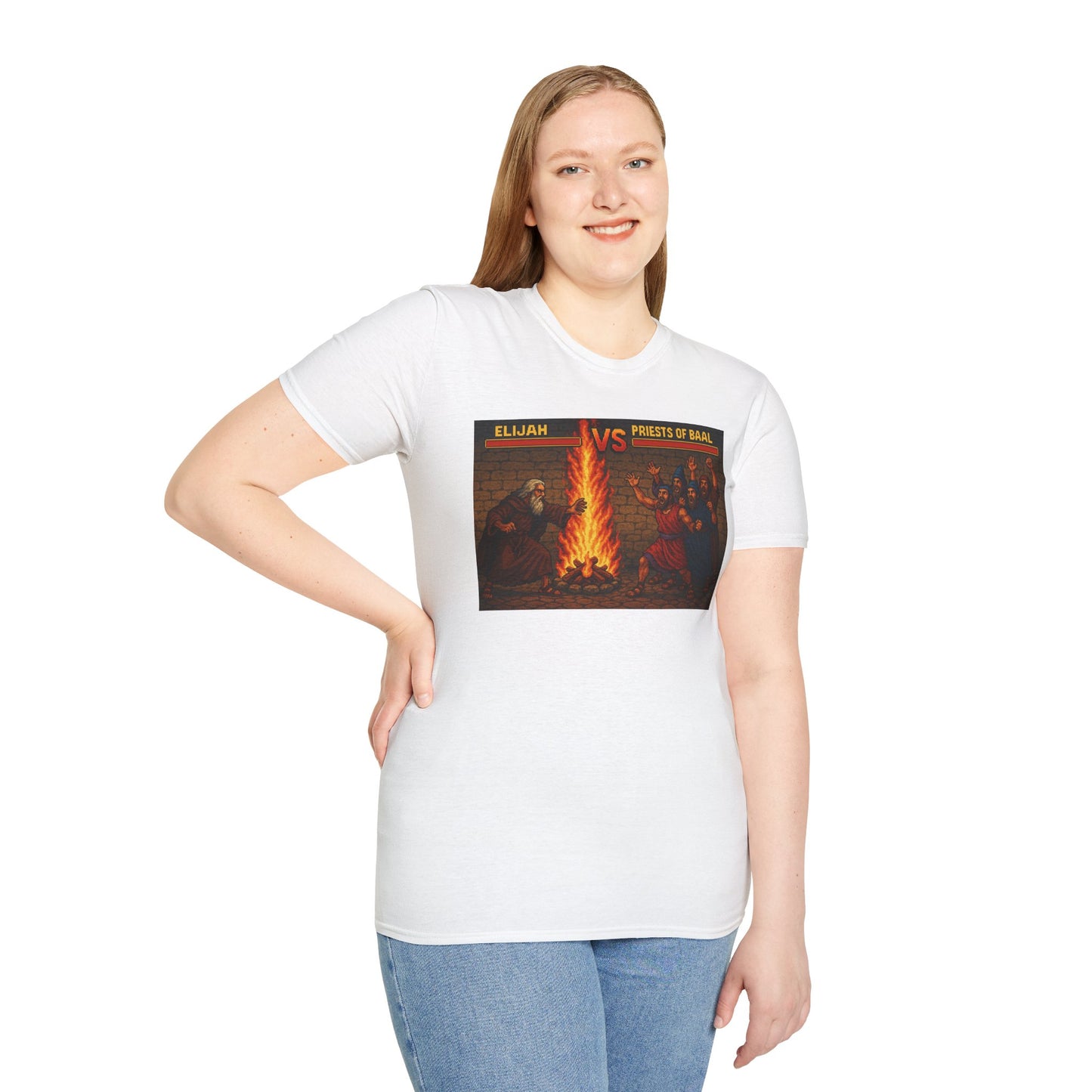 Elijah vs. Baal Fighters Retro Showdown Tee – 8-Bit Christian Graphic T-Shirt