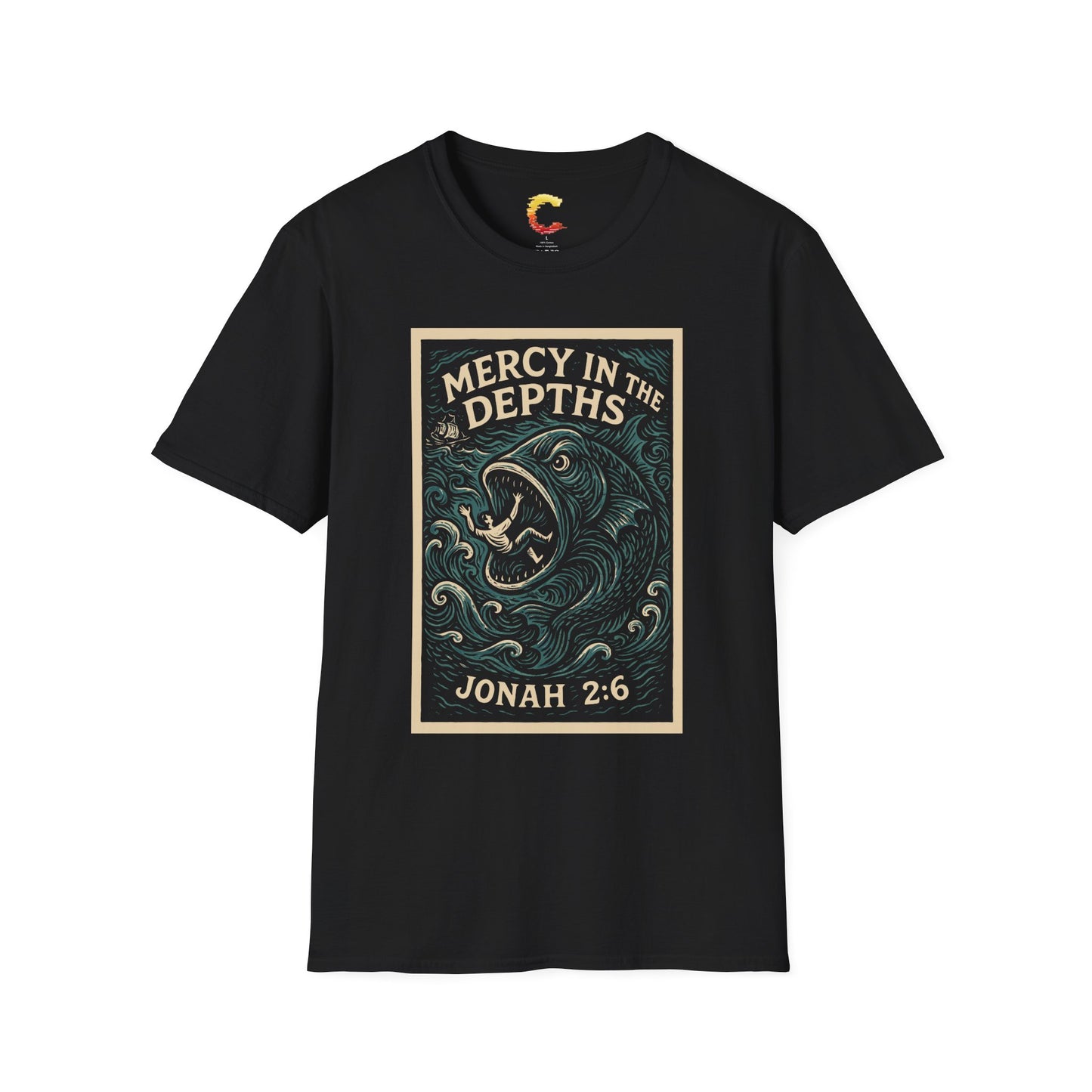 Mercy in the Depths – Jonah 2:6 Woodcut T-Shirt