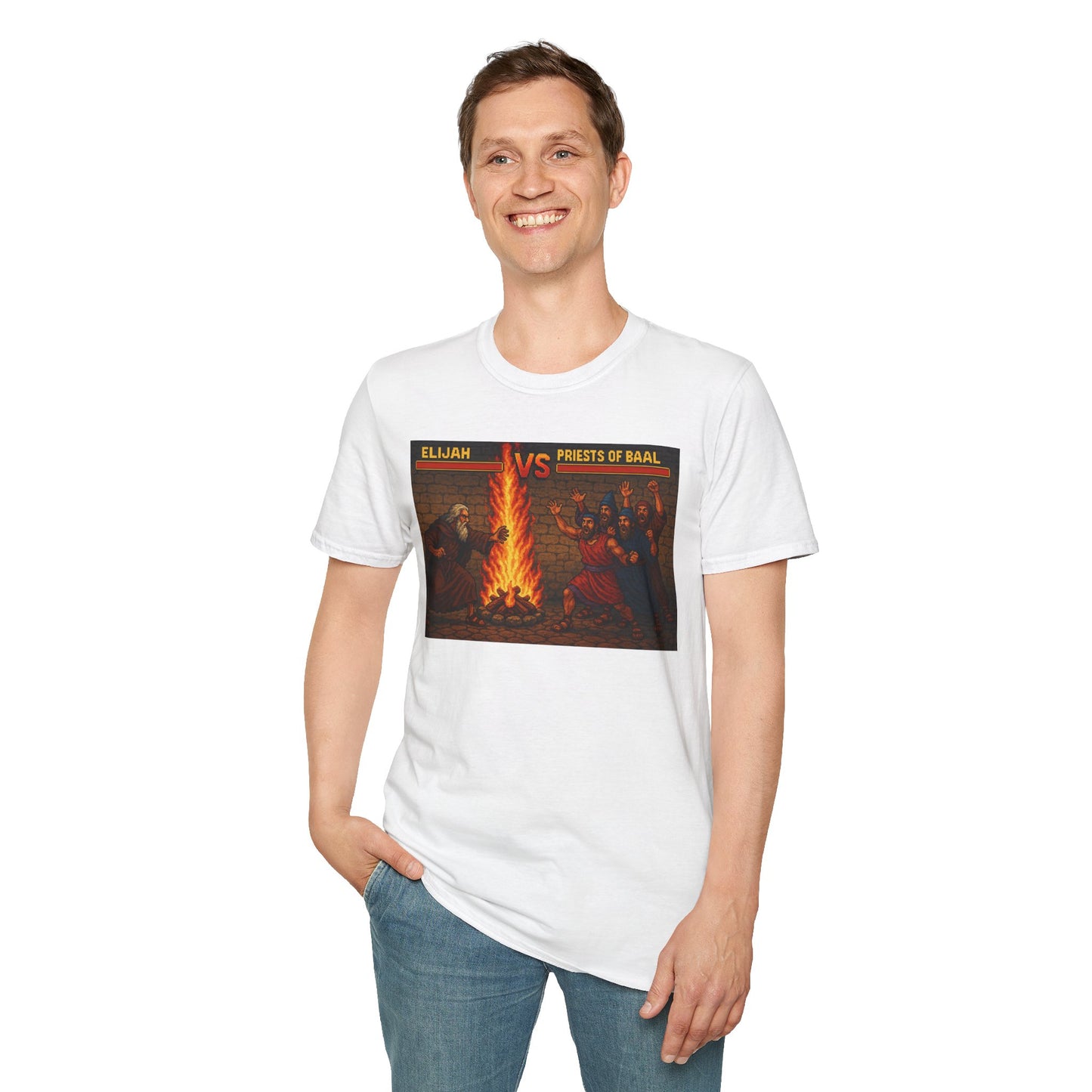 Elijah vs. Baal Fighters Retro Showdown Tee – 8-Bit Christian Graphic T-Shirt
