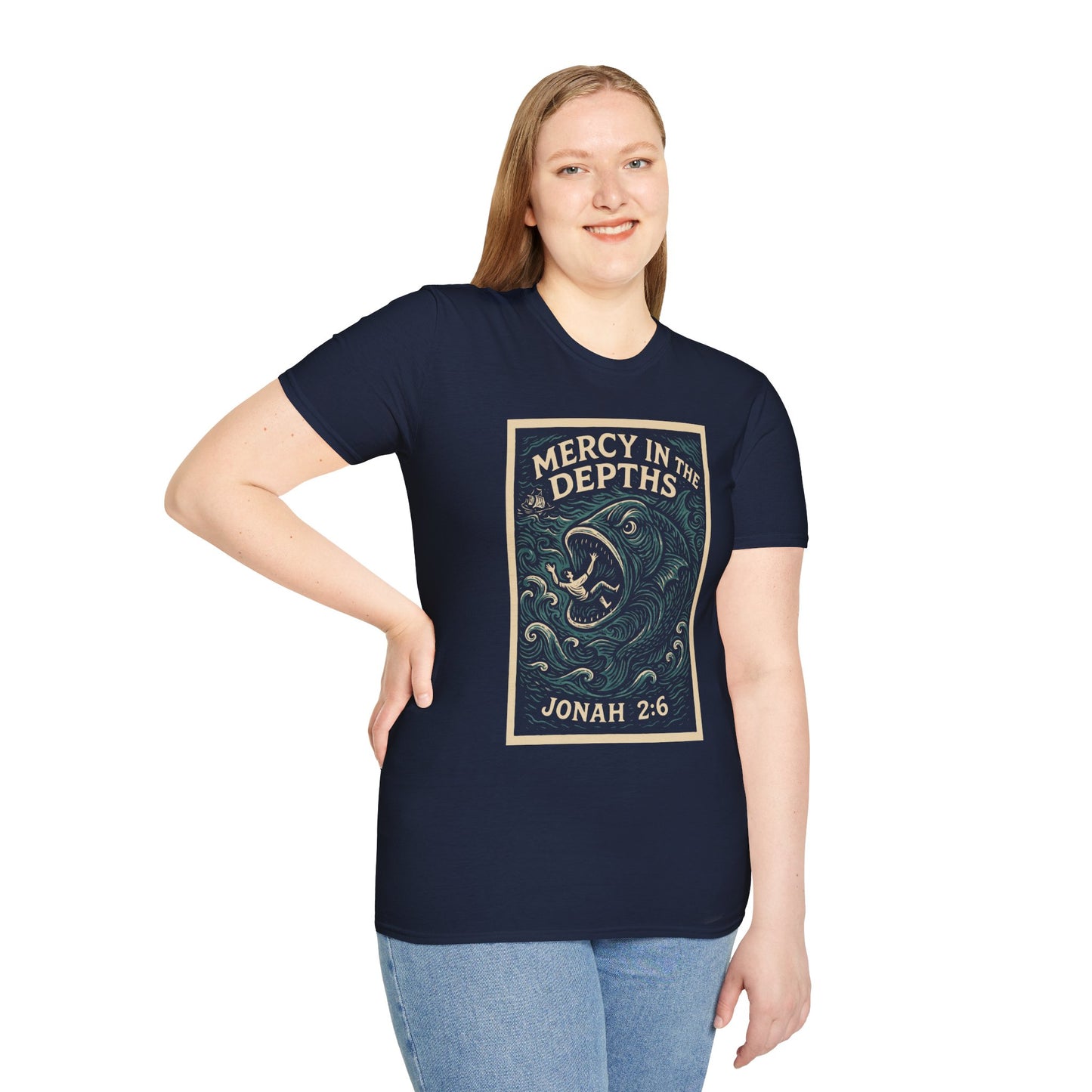 Mercy in the Depths – Jonah 2:6 Woodcut T-Shirt