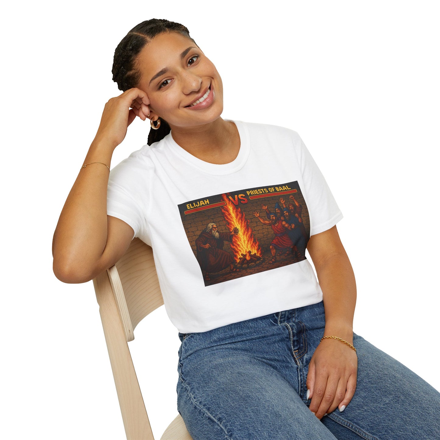Elijah vs. Baal Fighters Retro Showdown Tee – 8-Bit Christian Graphic T-Shirt