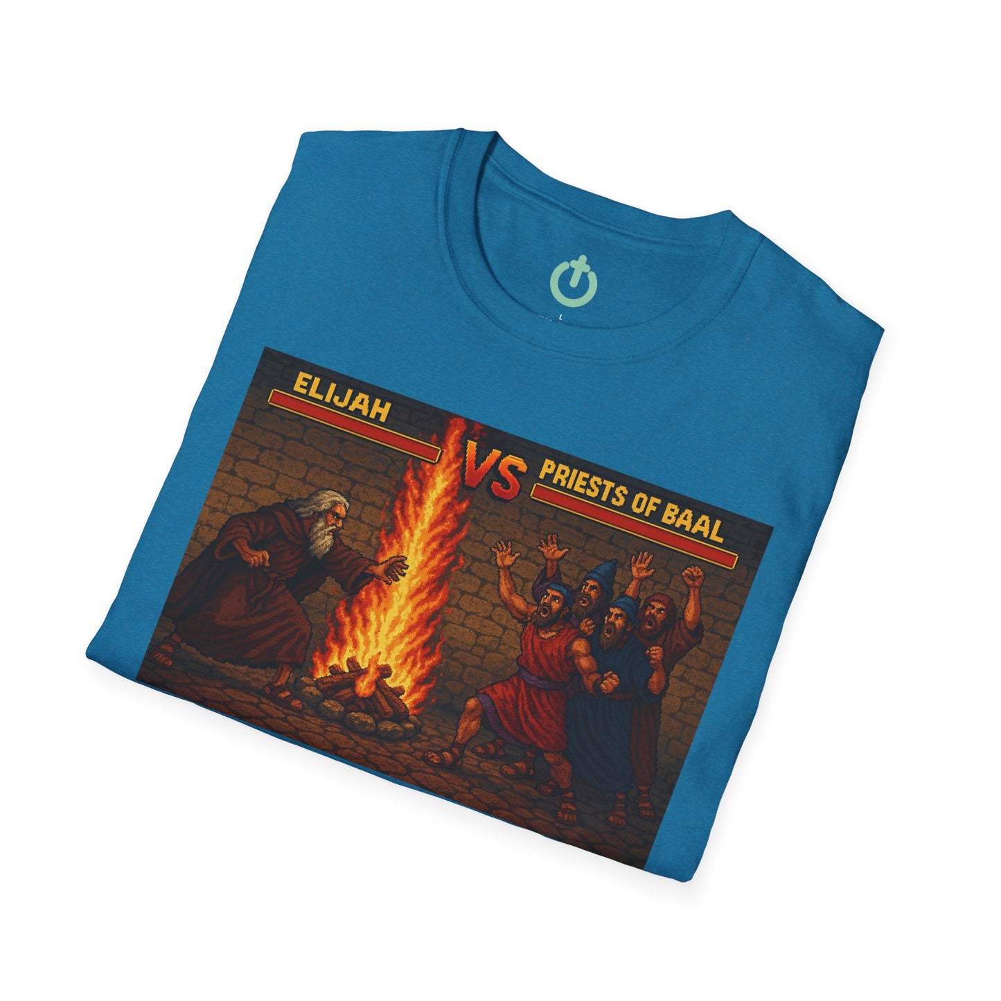 Elijah vs. Baal Fighters Retro Showdown Tee – 8-Bit Christian Graphic T-Shirt