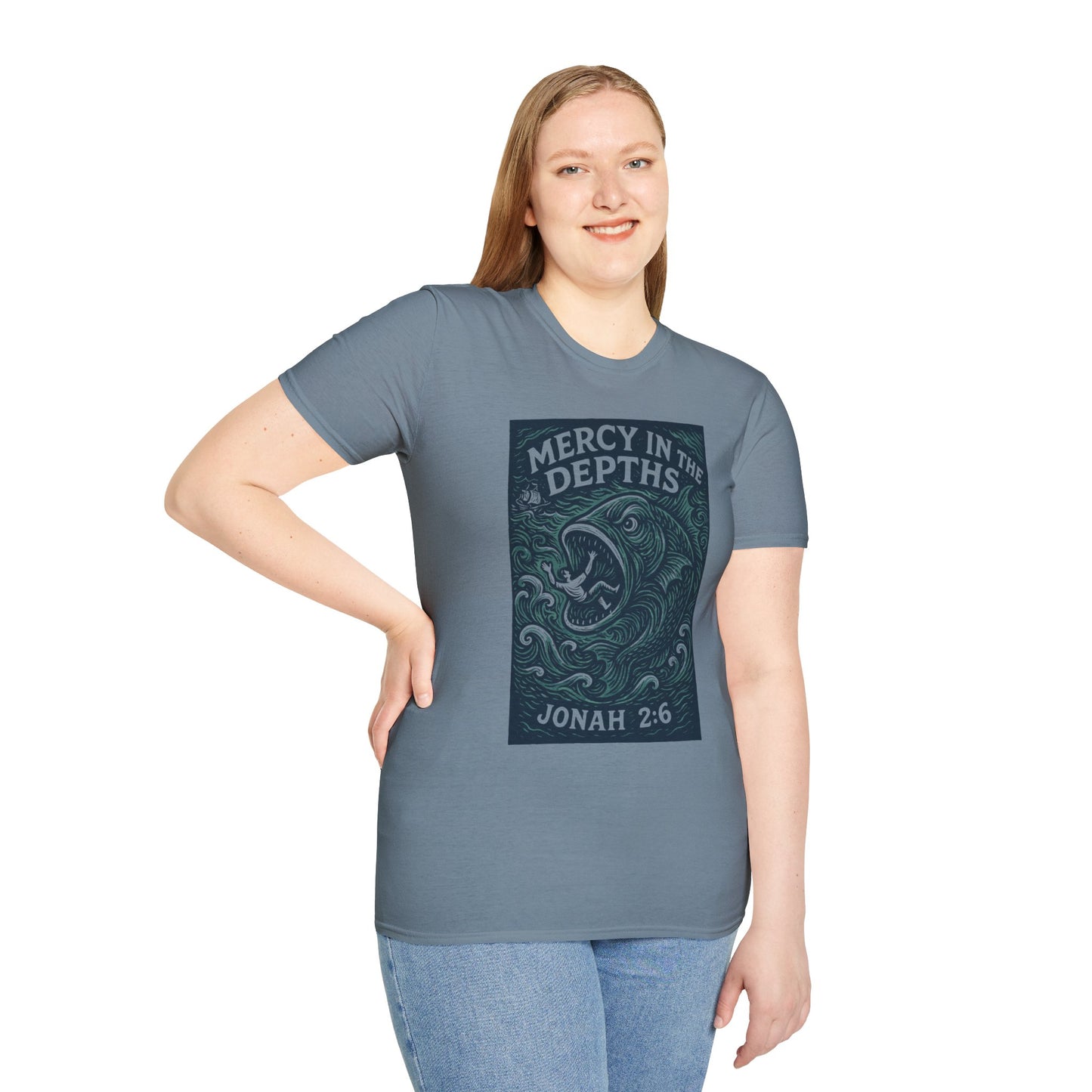 Mercy in the Depths – Jonah 2:6 Woodcut T-Shirt