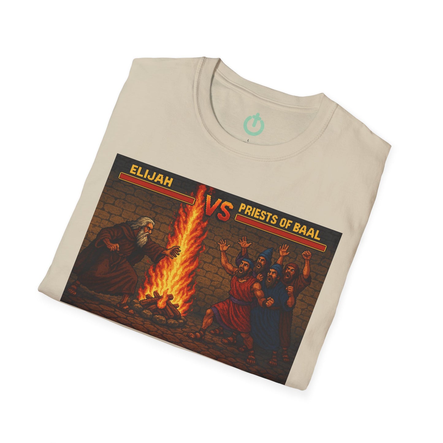 Elijah vs. Baal Fighters Retro Showdown Tee – 8-Bit Christian Graphic T-Shirt