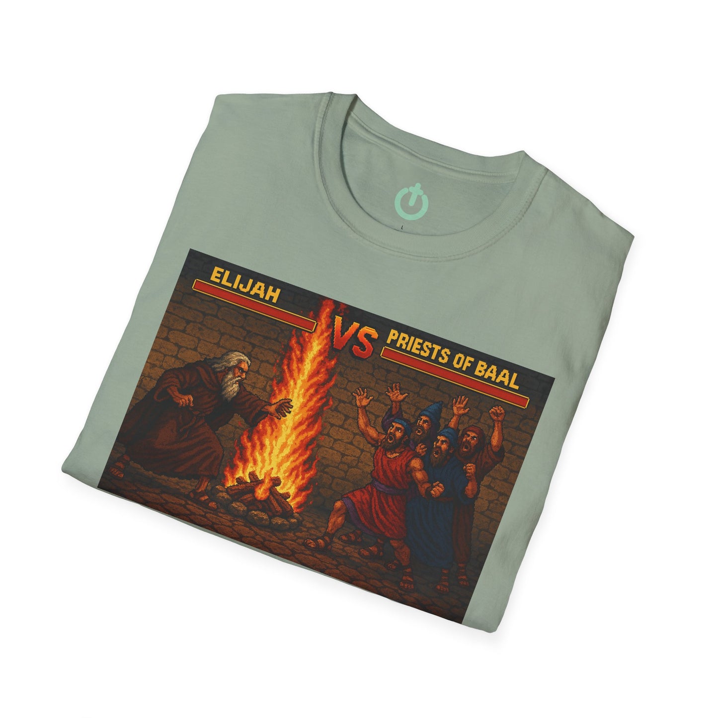 Elijah vs. Baal Fighters Retro Showdown Tee – 8-Bit Christian Graphic T-Shirt