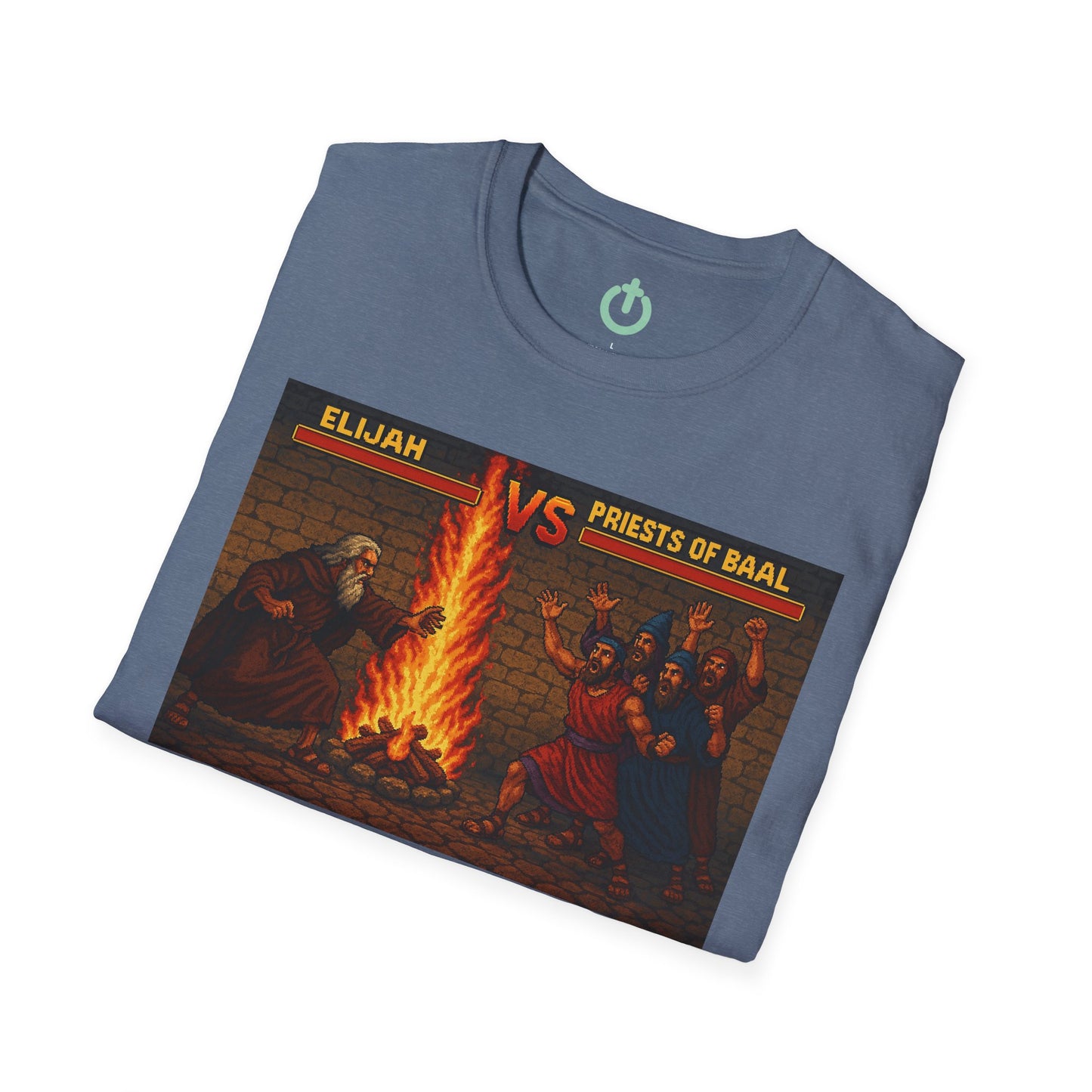 Elijah vs. Baal Fighters Retro Showdown Tee – 8-Bit Christian Graphic T-Shirt