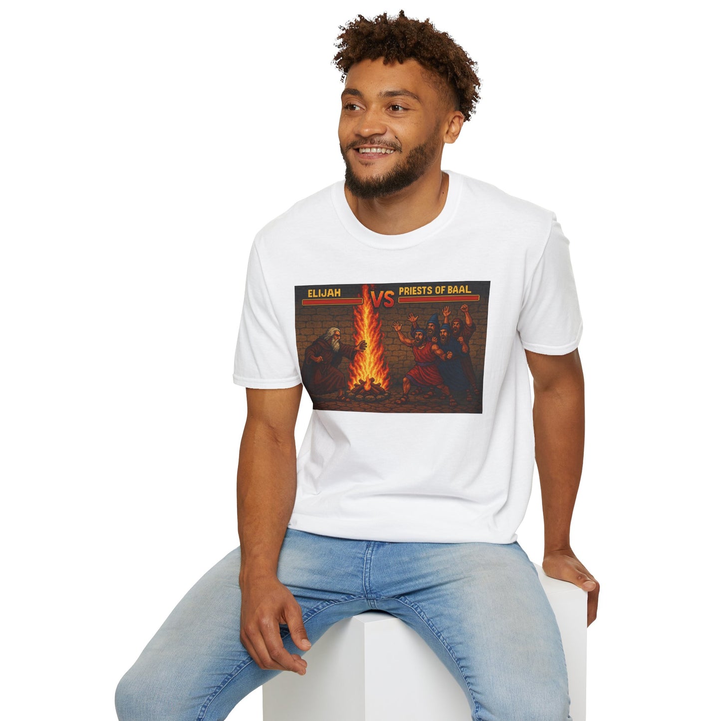 Elijah vs. Baal Fighters Retro Showdown Tee – 8-Bit Christian Graphic T-Shirt