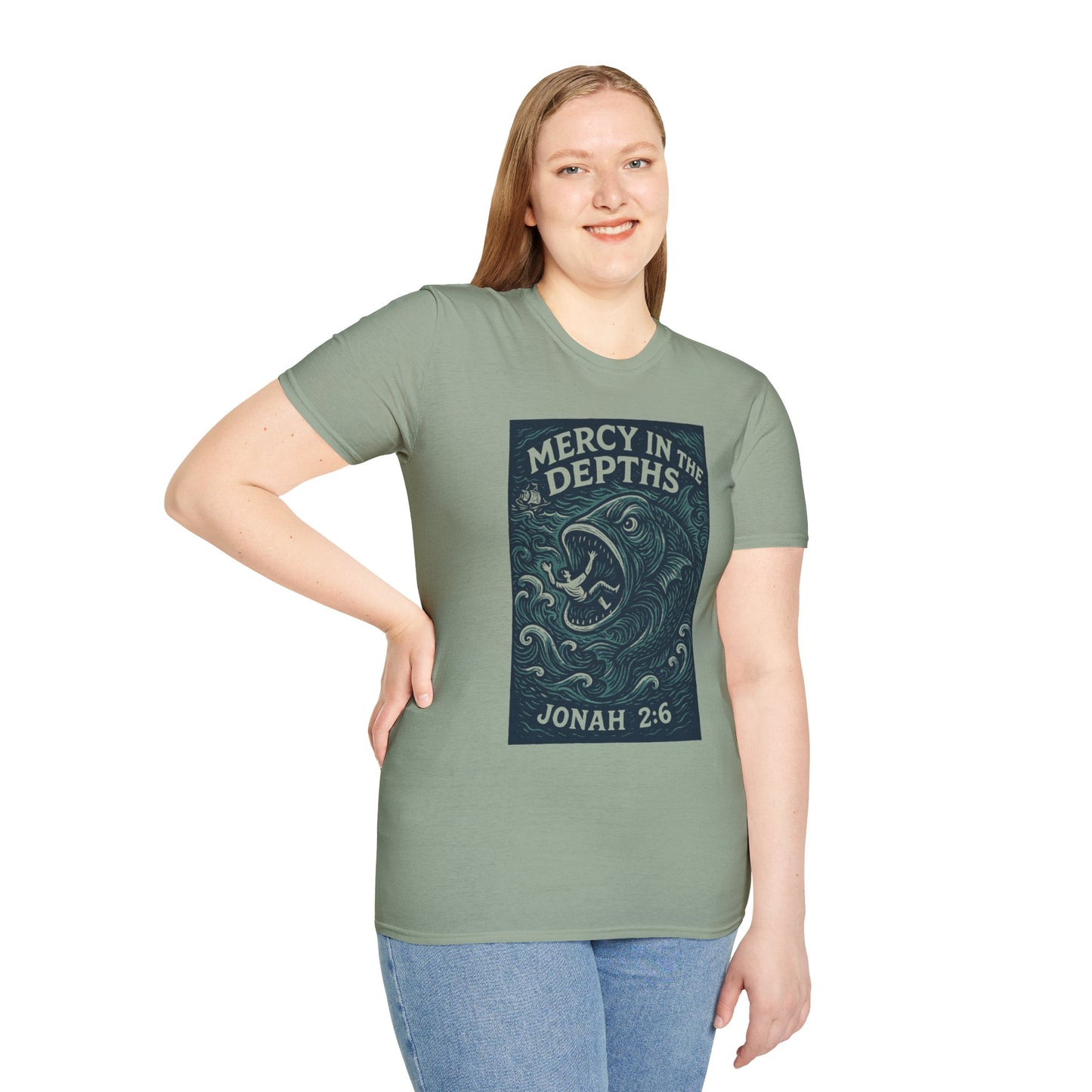 Mercy in the Depths – Jonah 2:6 Woodcut T-Shirt