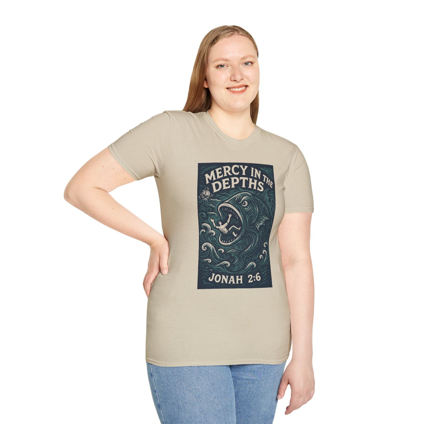 Mercy in the Depths – Jonah 2:6 Woodcut T-Shirt