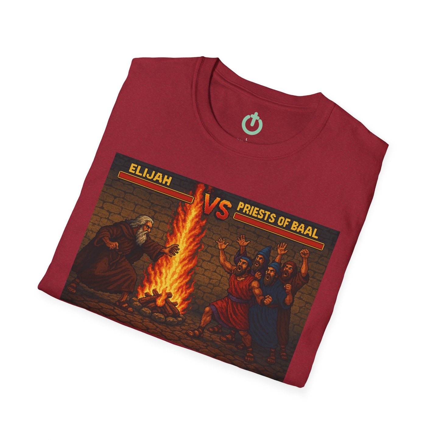 Elijah vs. Baal Fighters Retro Showdown Tee – 8-Bit Christian Graphic T-Shirt