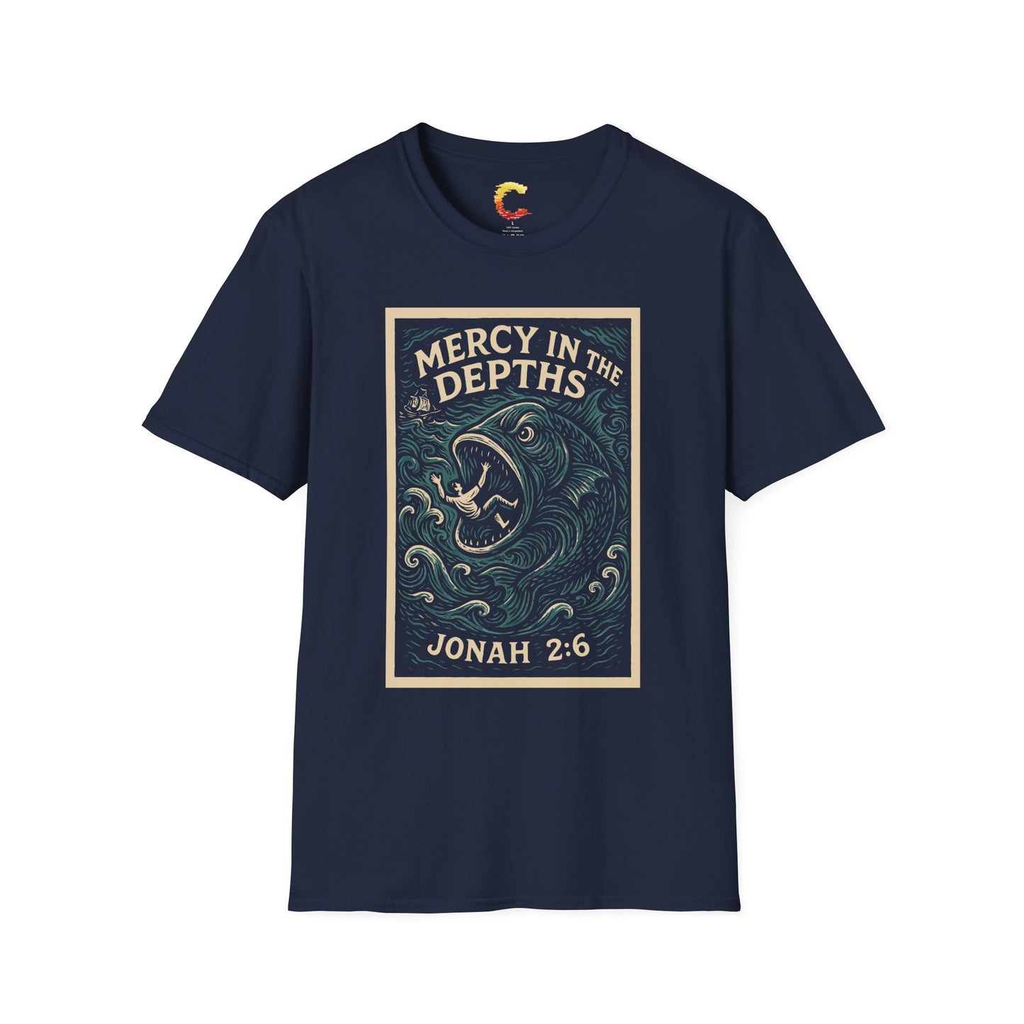Mercy in the Depths – Jonah 2:6 Woodcut T-Shirt