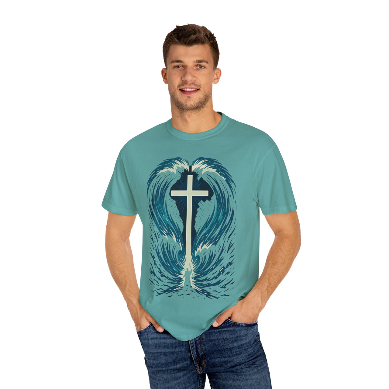 Cross in the Waves Christian Graphic T-Shirt — Faith-Inspired Spiritual Apparel Tee