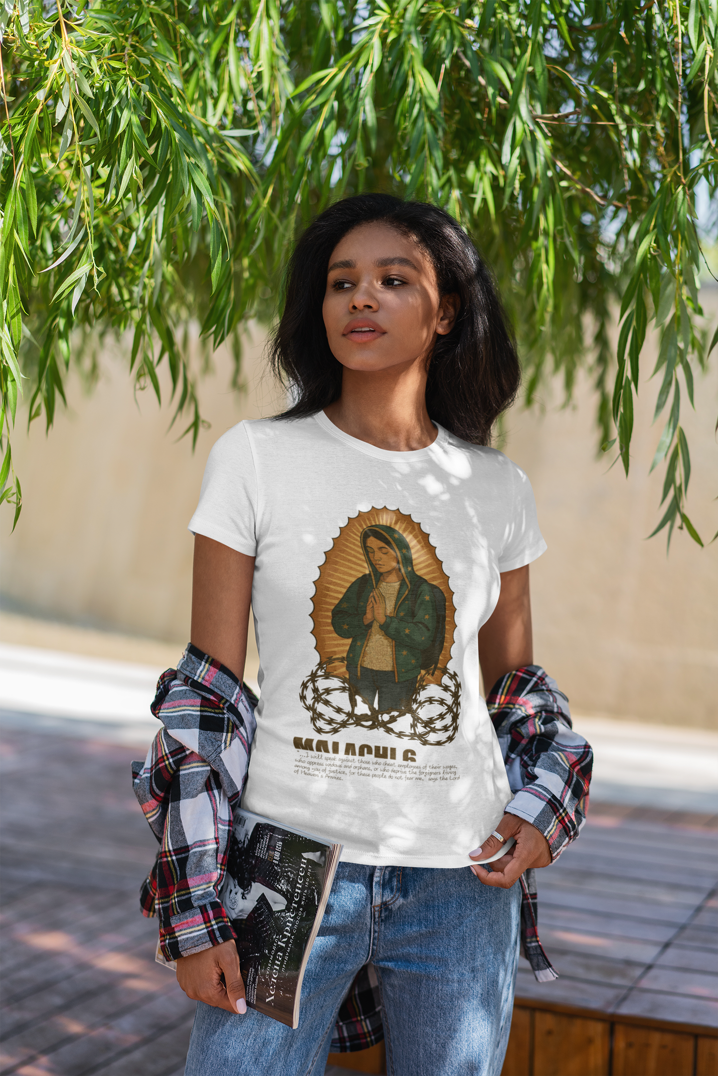 Women’s Virgin of Guadalupe Immigrant T-Shirt – Our Lady of the Journey