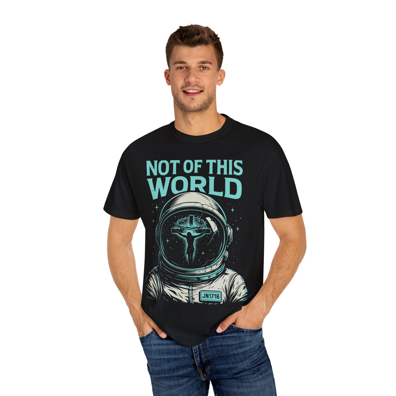 Not of This World Astronaut Cross Helmet Christian Tee