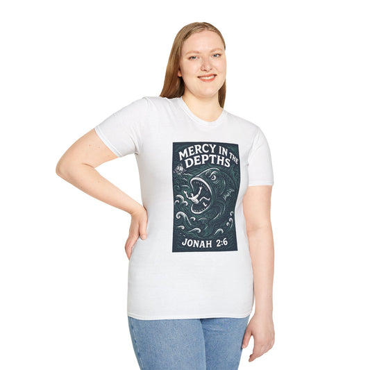 Mercy in the Depths – Jonah 2:6 Woodcut T-Shirt