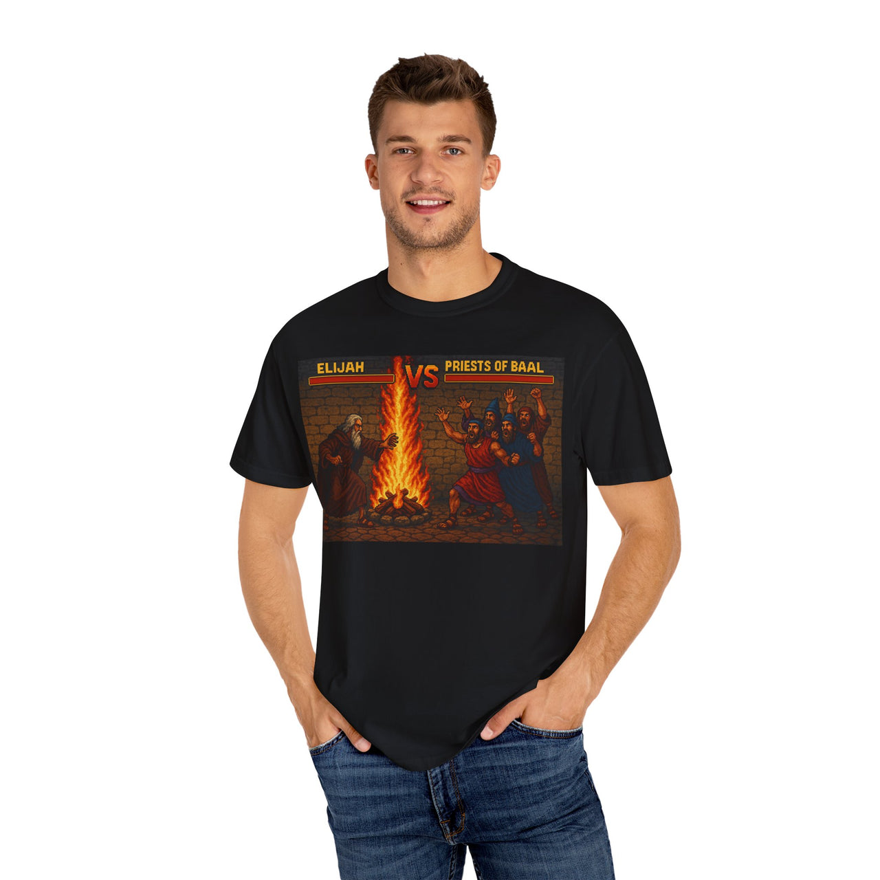 Elijah vs Baal 8-Bit Retro Christian Fight T-Shirt