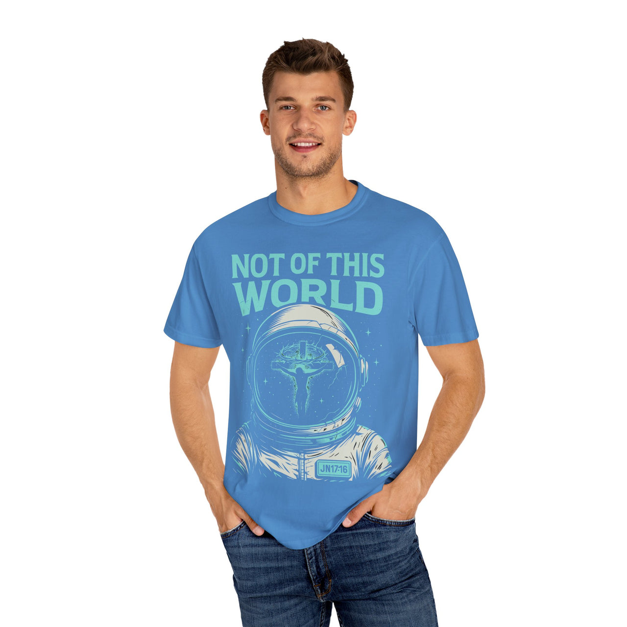 Not of This World Astronaut Cross Helmet Christian Tee