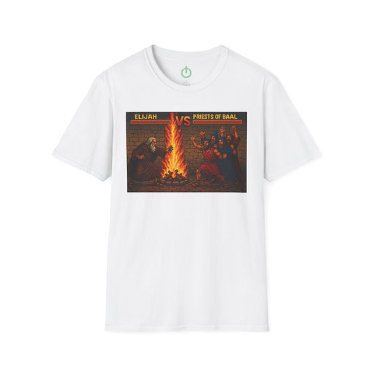 Elijah vs. Baal Fighters Retro Showdown Tee – 8-Bit Christian Graphic T-Shirt
